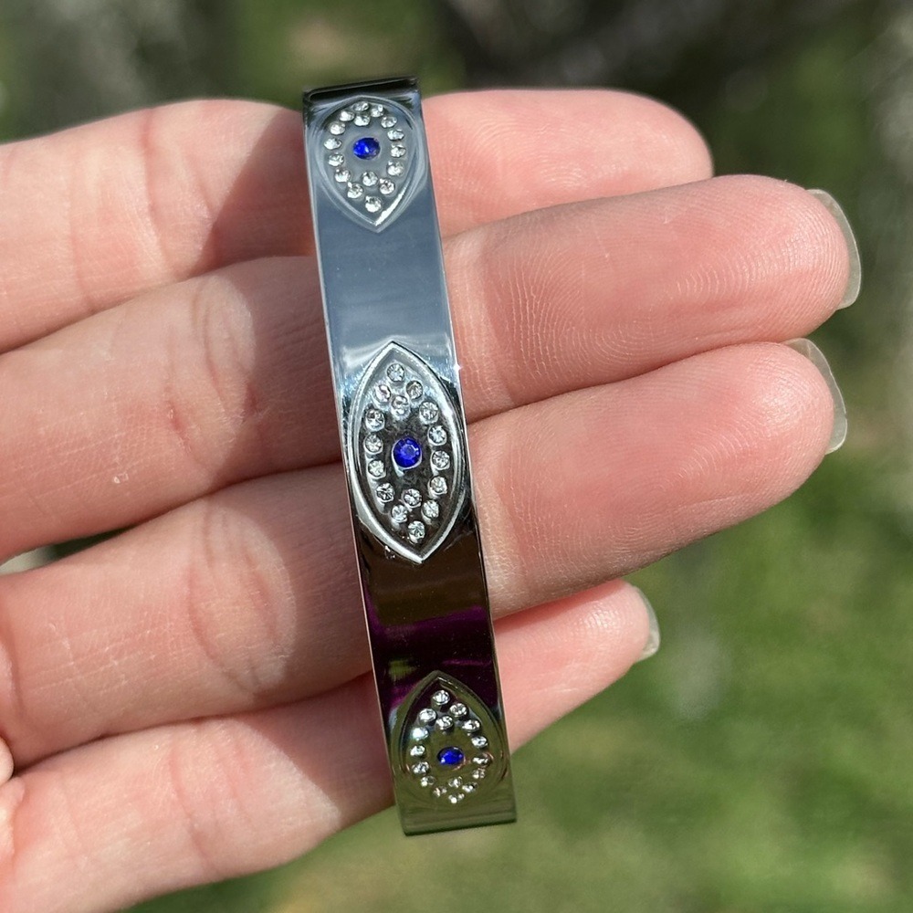 Silver Evil Eye Hinged Bangle Bracelet Blue Crystal Rhinestone Protection Steel - Picture 3 of 5